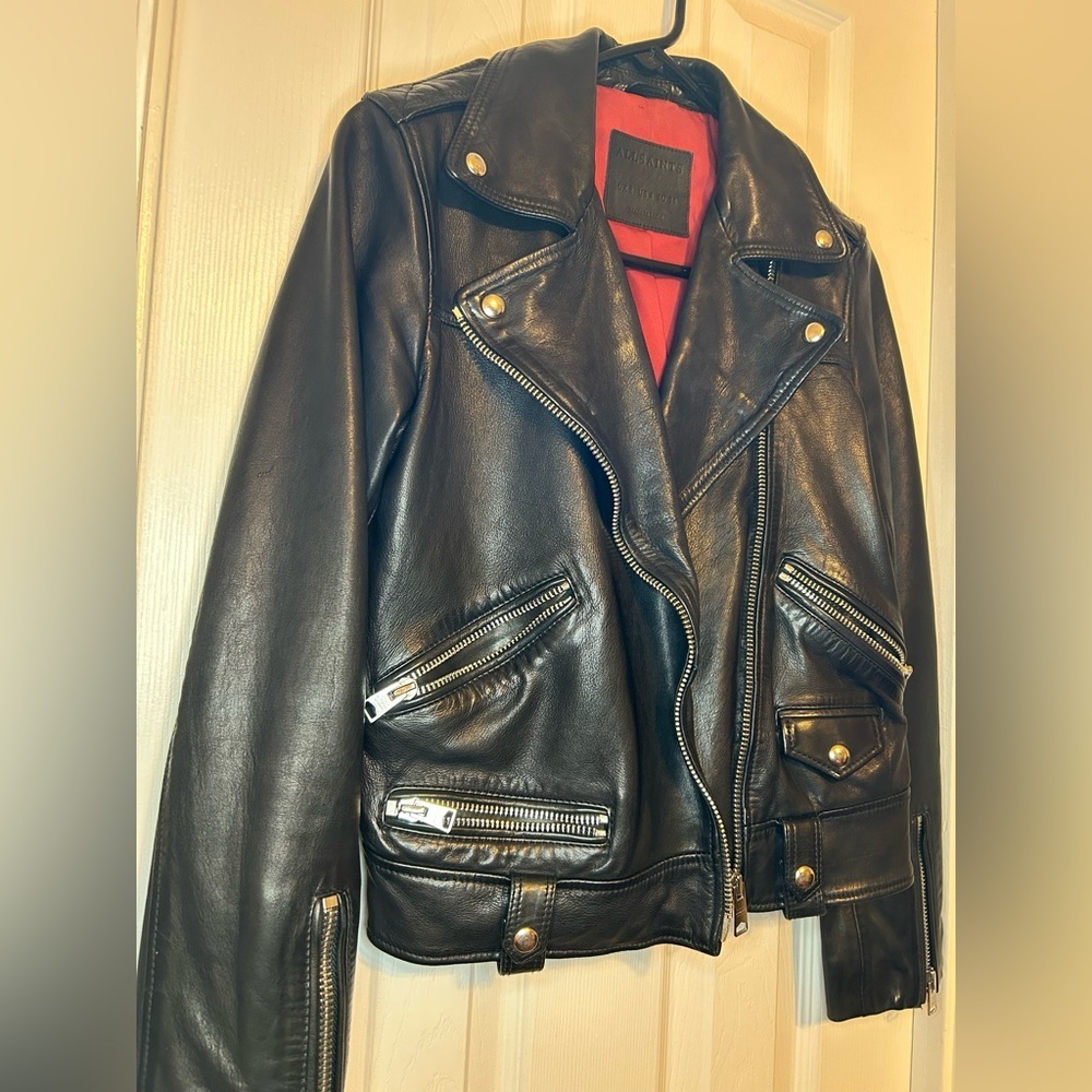 ALLSAINTS Black Sheep Leather Moto Biker Jacket Cropped Size 4 - Picture 5 of 16